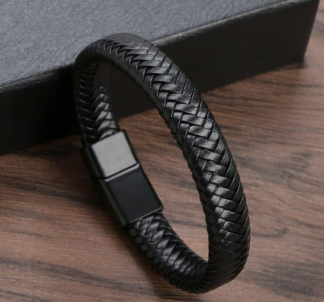 Mens Vintage Leather Bracelet With Leather Magnetic Clasp